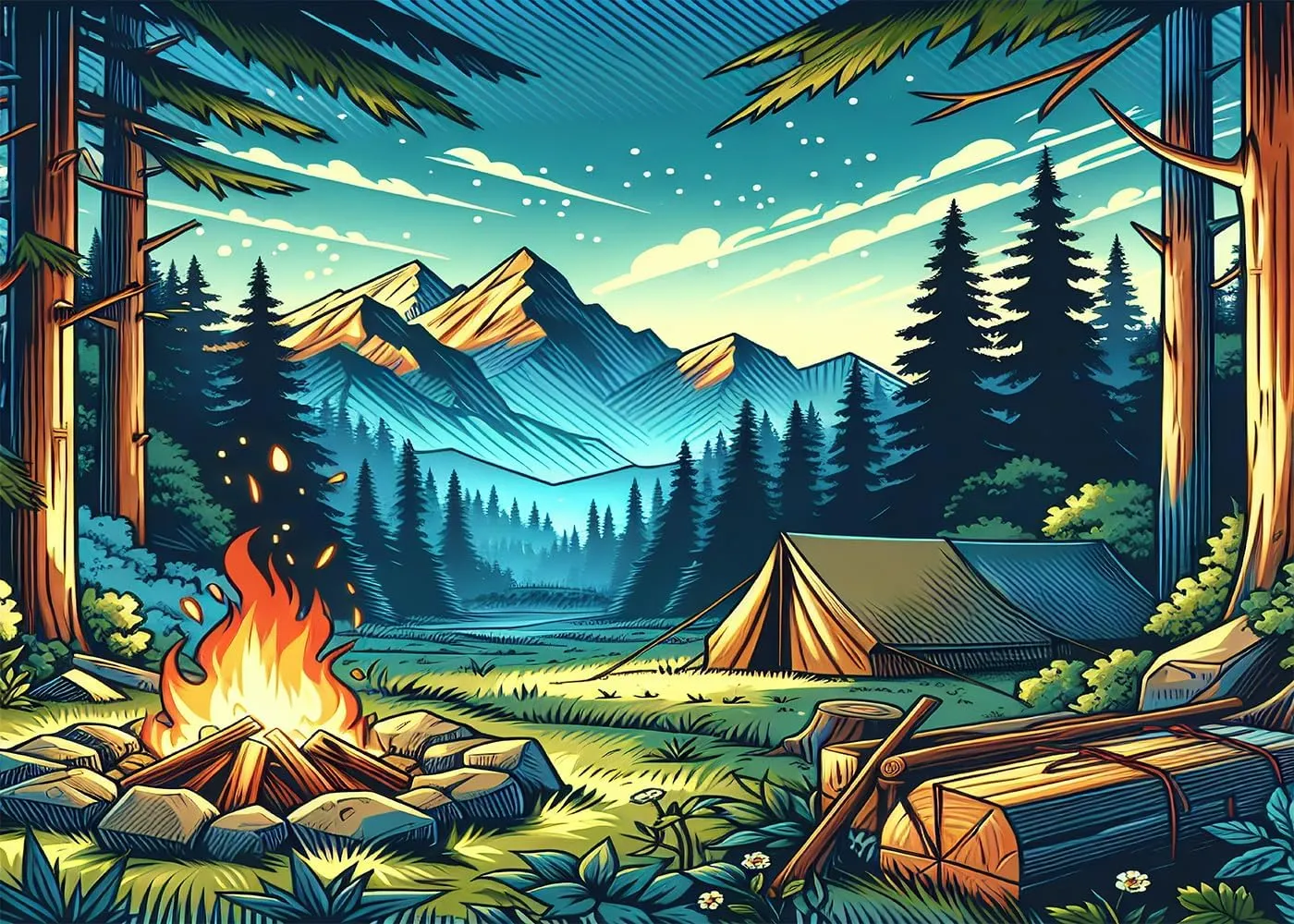 8x6FT Camping Backdrop Campfire Forest Scene Happy Camper Supplies Camping Theme Party Birthday Party Decoration Background