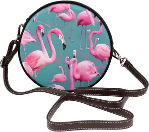A Flock Of Flamingos Removable Shoulder Strap Waterproof Leather Shoulder Round Bag Crossbody Bag Travel Shopping Dating Handbag Purse