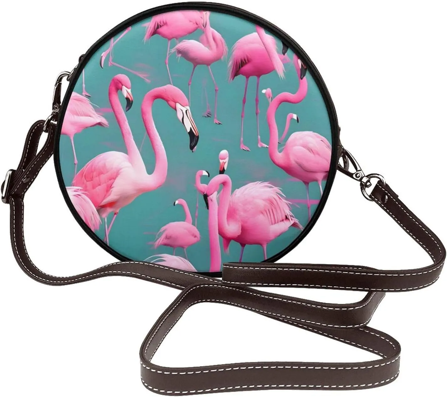 A Flock Of Flamingos Removable Shoulder Strap Waterproof Leather Shoulder Round Bag Crossbody Bag Travel Shopping Dating Handbag Purse