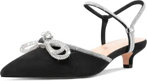 Aachcol Womens Close Toe Rhinestone Bow Kitten Heels Pointed Toe Low Heel Bow Pumps Adjustable Ankle Strap Bridal Prom Wedding Dress Shoes