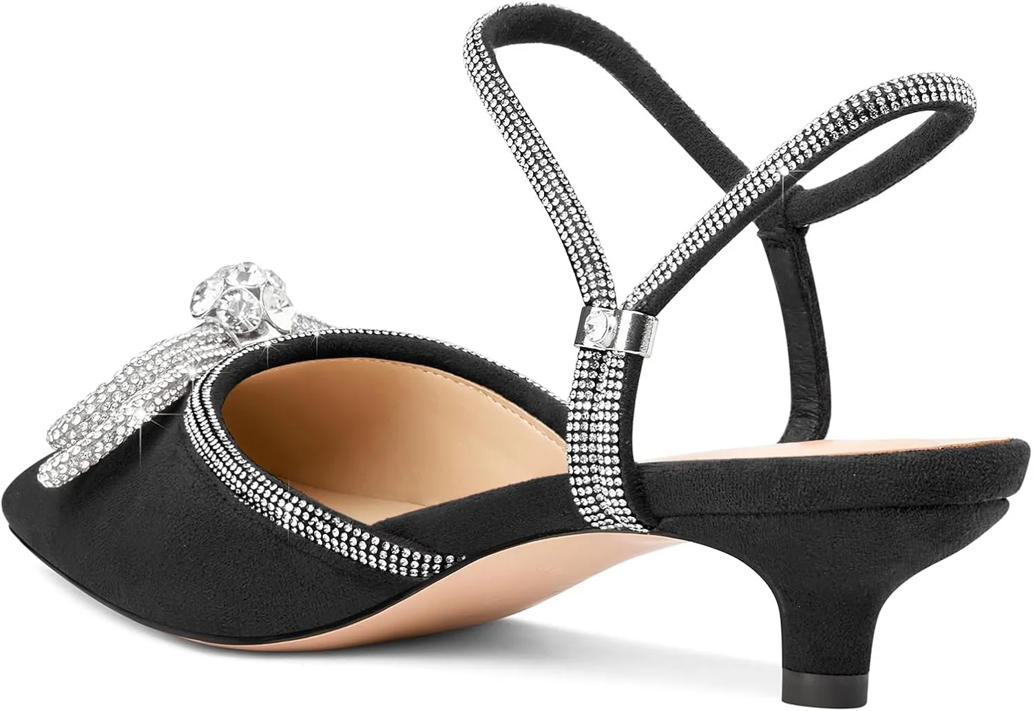 Aachcol Womens Close Toe Rhinestone Bow Kitten Heels Pointed Toe Low Heel Bow Pumps Adjustable Ankle Strap Bridal Prom Wedding Dress Shoes
