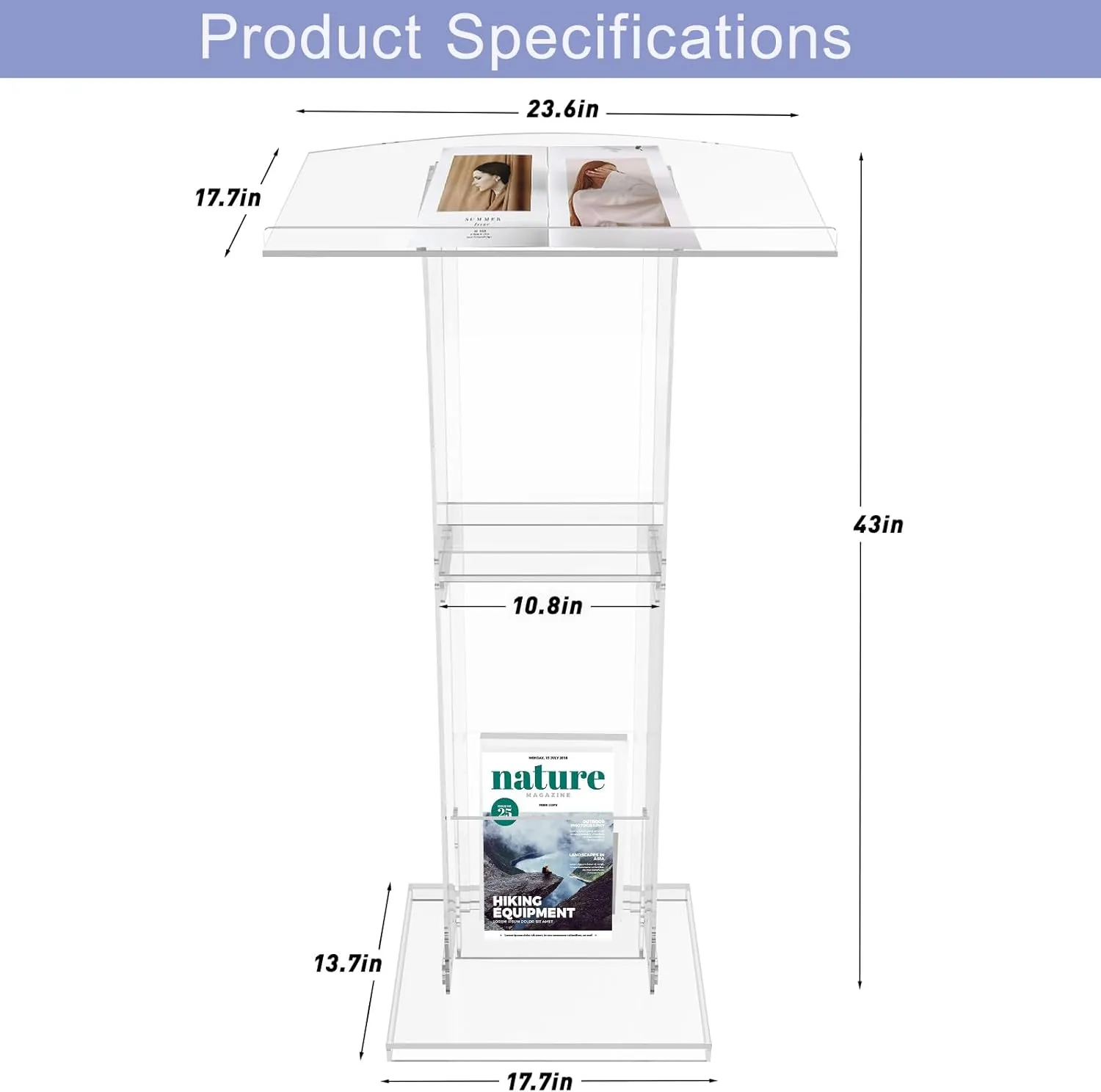 Acrylic Podium Stand With Storage Shelf,Segmented Transparent Lecterns & Podiums,Pulpits For Churches、Conference、Speeches、Weddings、Classroom、Concert,43" H Professional Presentation Podiums