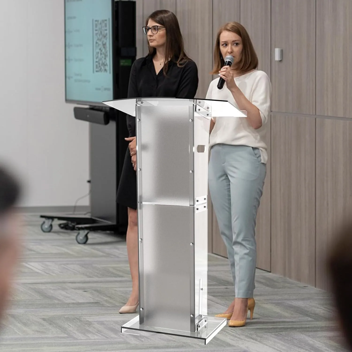 Acrylic Podium Stand With Storage Shelf,Segmented Transparent Lecterns & Podiums,Pulpits For Churches、Conference、Speeches、Weddings、Classroom、Concert,43" H Professional Presentation Podiums