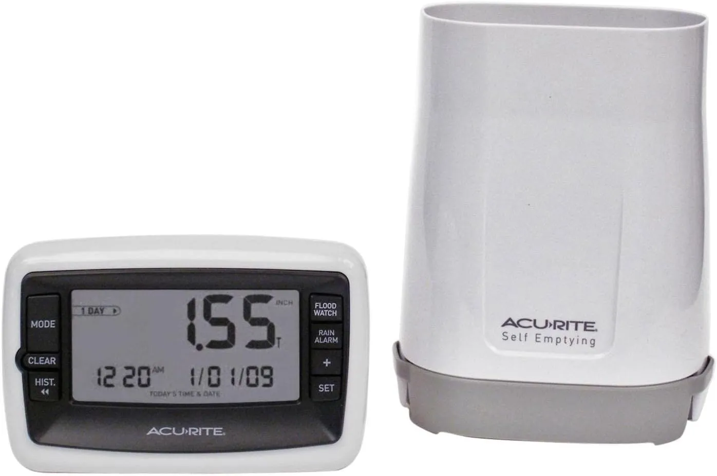 AcuRite Wireless Digital Rain Gauge with Self-Emptying Collector with Rainfall History, Alerts, and Current Date and Time (00899), Multicolor