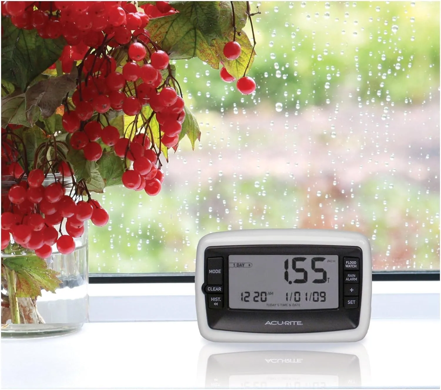 AcuRite Wireless Digital Rain Gauge with Self-Emptying Collector with Rainfall History, Alerts, and Current Date and Time (00899), Multicolor