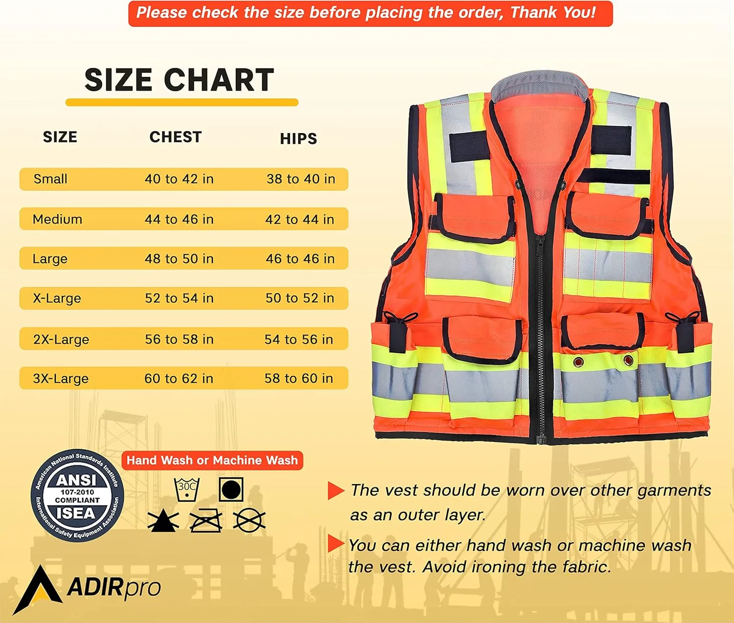AdirPro Surveyor Safety Vest with Pockets - High visibility Reflective Construction Vest