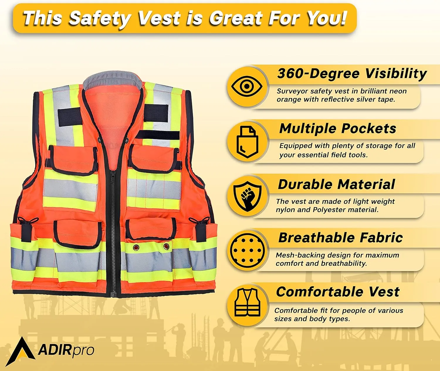 AdirPro Surveyor Safety Vest with Pockets - High visibility Reflective Construction Vest