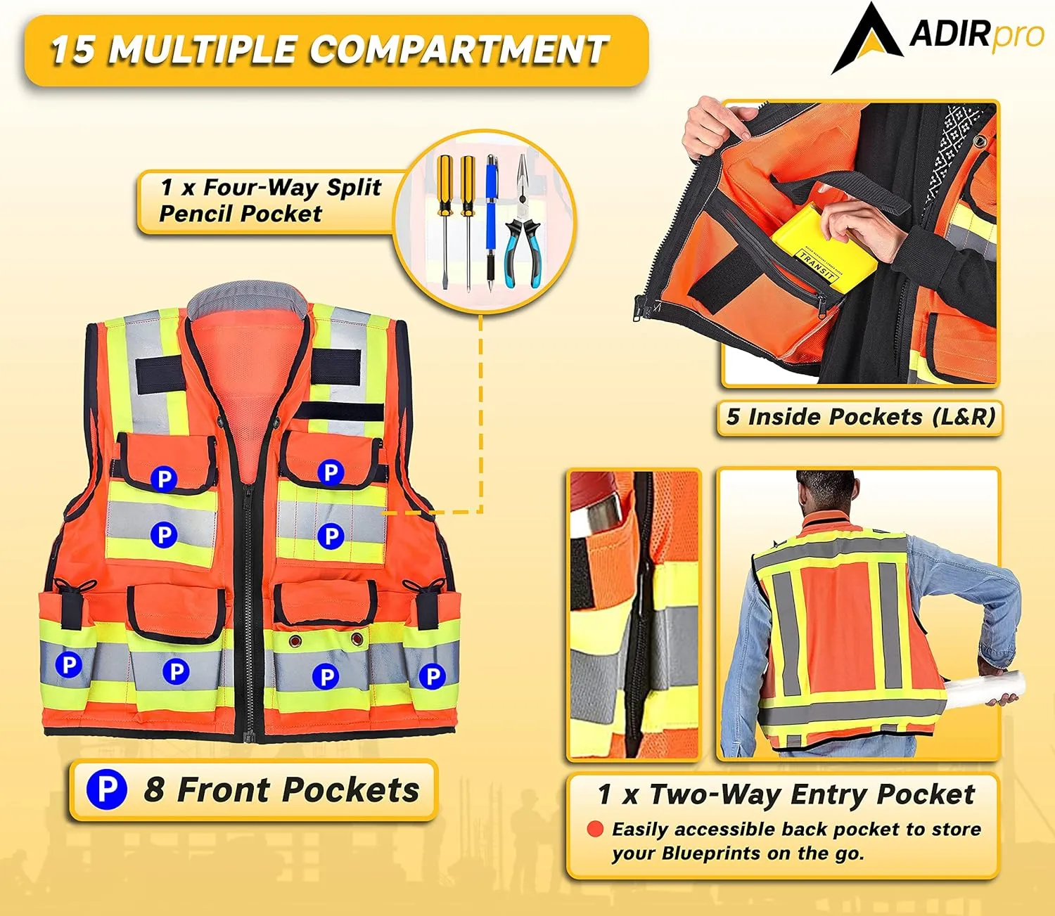 AdirPro Surveyor Safety Vest with Pockets - High visibility Reflective Construction Vest