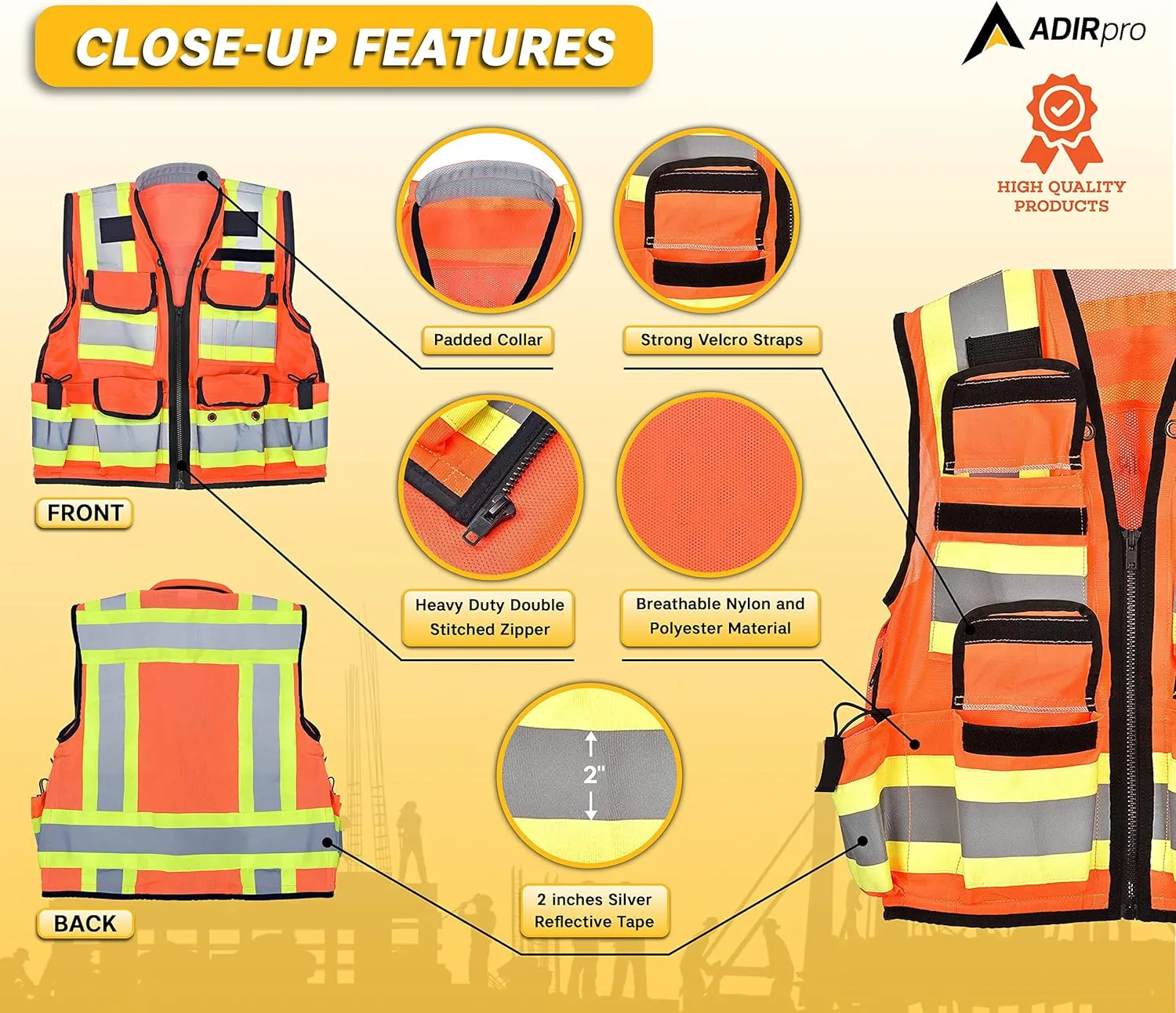 AdirPro Surveyor Safety Vest with Pockets - High visibility Reflective Construction Vest