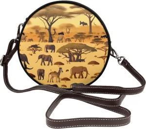 African Grassland Animals Removable Shoulder Strap Waterproof Leather Shoulder Round Bag Crossbody Bag Travel Shopping Dating Handbag Purse