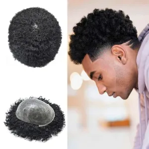 Afro Toupee For Black Men Real Human Hair Units For Black Men PU Injection Afro Hair Piece African American Men Weave Hair Unit Black Men #1 Jet Black 8X10 4mm Wave