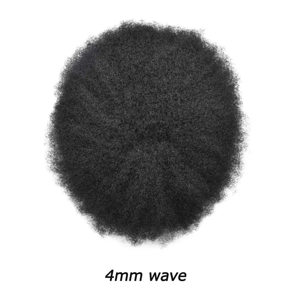 Afro Toupee For Black Men Real Human Hair Units For Black Men PU Injection Afro Hair Piece African American Men Weave Hair Unit Black Men #1B Off Black 8X10 4mm Wave