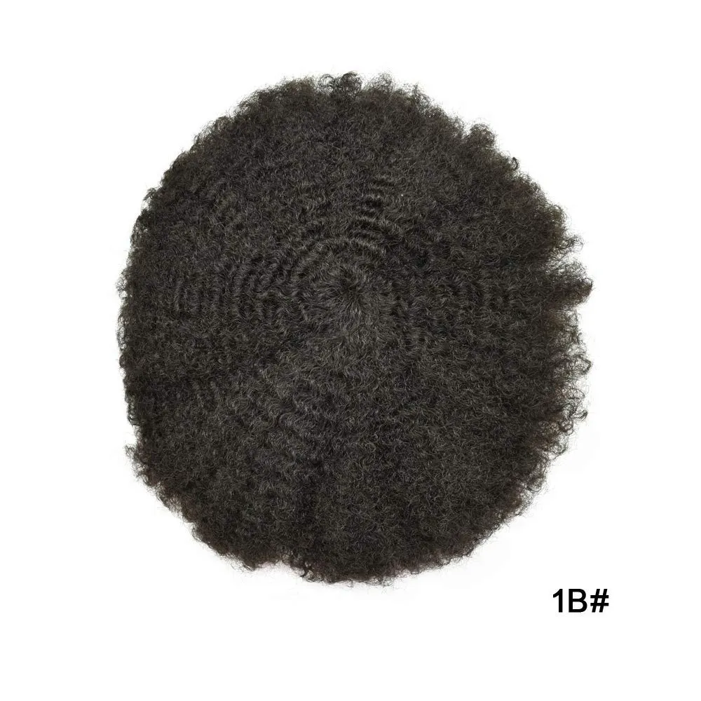 Afro Toupee For Black Men Real Human Hair Units For Black Men PU Injection Afro Hair Piece African American Men Weave Hair Unit Black Men #1B Off Black 8X10 4mm Wave