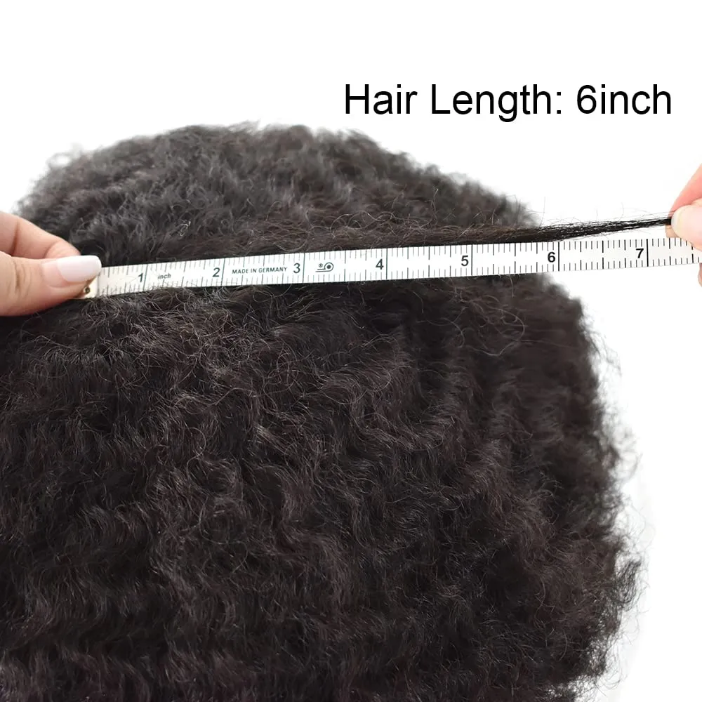 Afro Toupee For Black Men Real Human Hair Units For Black Men PU Injection Afro Hair Piece African American Men Weave Hair Unit Black Men #1B Off Black 8X10 4mm Wave