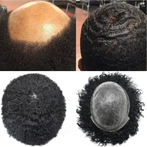 Afro Toupee For Black Men Real Human Hair Units For Black Men PU Injection Afro Hair Piece African American Men Weave Hair Unit Black Men #1B Off Black 8X10 4mm Wave