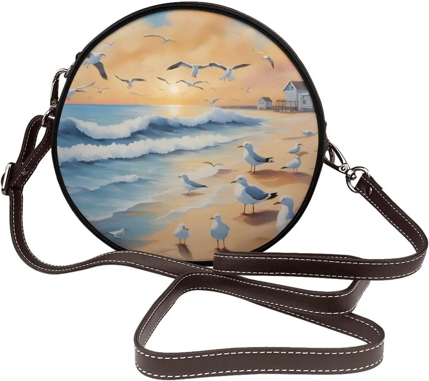 Airborne Birds Removable Shoulder Strap Waterproof Leather Shoulder Round Bag Crossbody Bag Travel Shopping Dating Handbag Purse