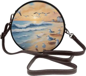Airborne Birds Removable Shoulder Strap Waterproof Leather Shoulder Round Bag Crossbody Bag Travel Shopping Dating Handbag Purse