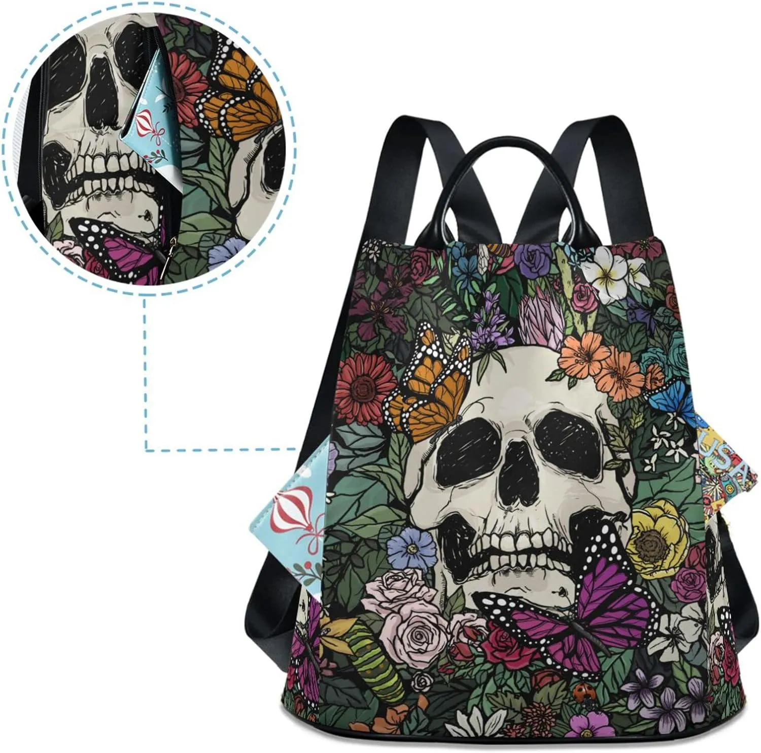ALAZA Vintage Skull Flowers Backpack Purse for Women Travel Casual Daypack College Bookbag Work Business Ladies Shoulder Bag