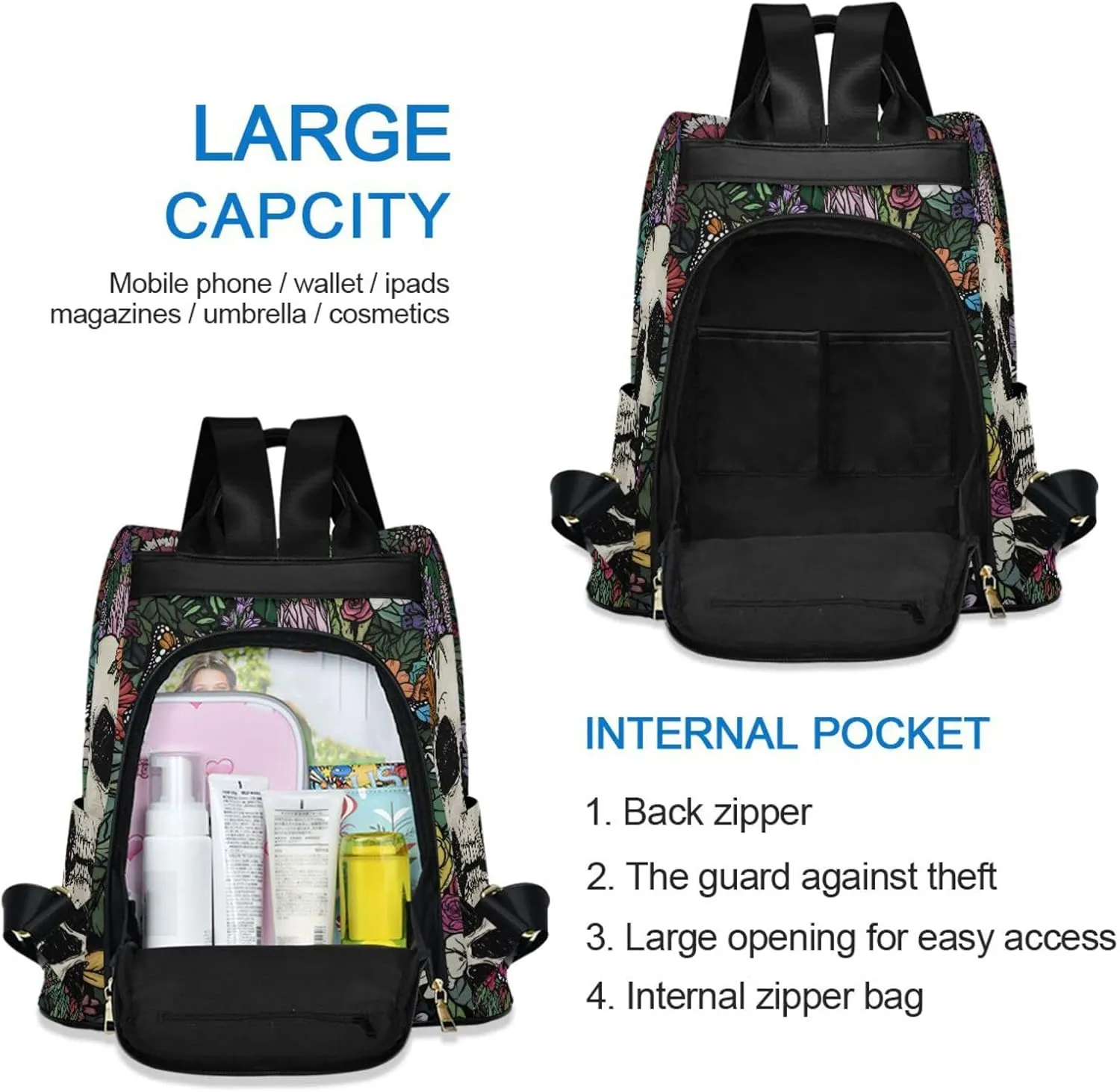 ALAZA Vintage Skull Flowers Backpack Purse for Women Travel Casual Daypack College Bookbag Work Business Ladies Shoulder Bag