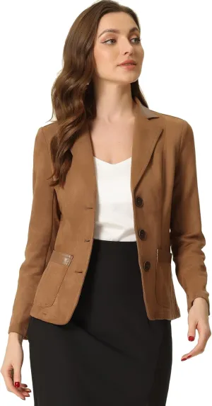 Allegra K Faux Suede Blazer for Women's Lapel Collar Button Front Long Sleeve Jacket