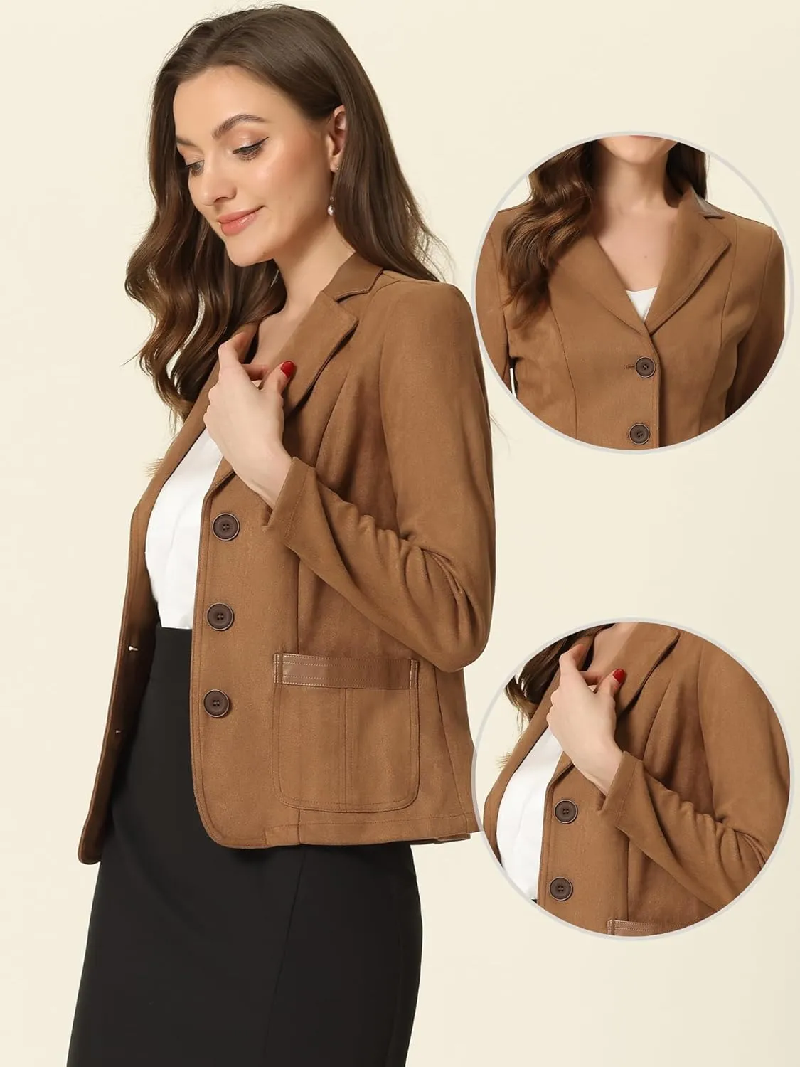 Allegra K Faux Suede Blazer for Women's Lapel Collar Button Front Long Sleeve Jacket