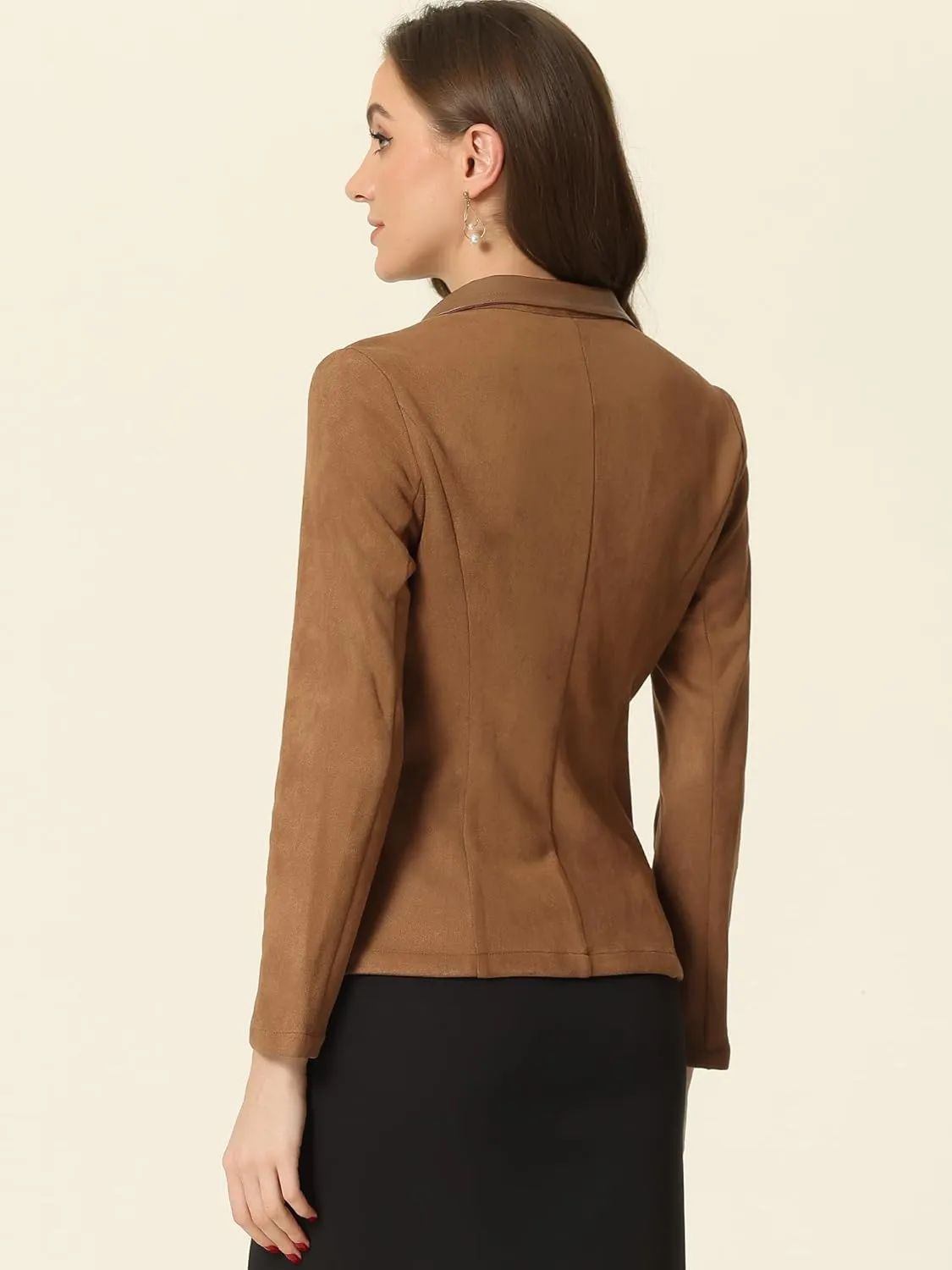 Allegra K Faux Suede Blazer for Women's Lapel Collar Button Front Long Sleeve Jacket