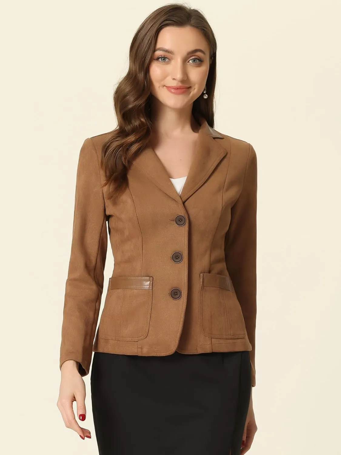 Allegra K Faux Suede Blazer for Women's Lapel Collar Button Front Long Sleeve Jacket