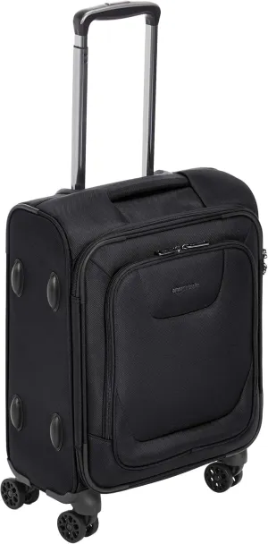 Amazon Basics 20-Inch Carry On Luggage, Softside Suitcase With TSA Lock, 8 Spinner Wheels, Front Exterior Pocket, 3 Interior Pockets For Dry and Damp Clothes/Towels Separately, Black