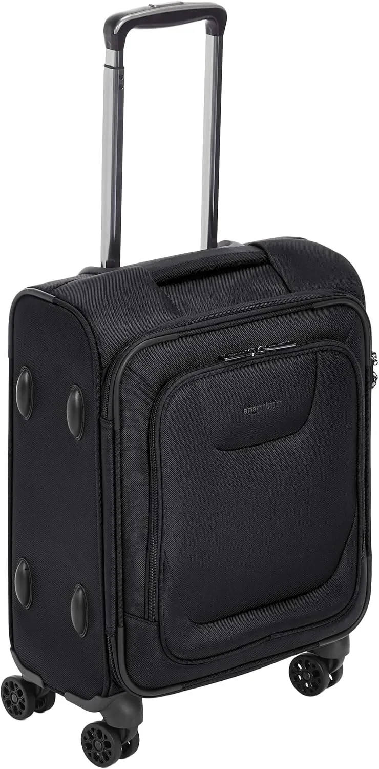 Amazon Basics 20-Inch Carry On Luggage, Softside Suitcase With TSA Lock, 8 Spinner Wheels, Front Exterior Pocket, 3 Interior Pockets For Dry and Damp Clothes/Towels Separately, Black
