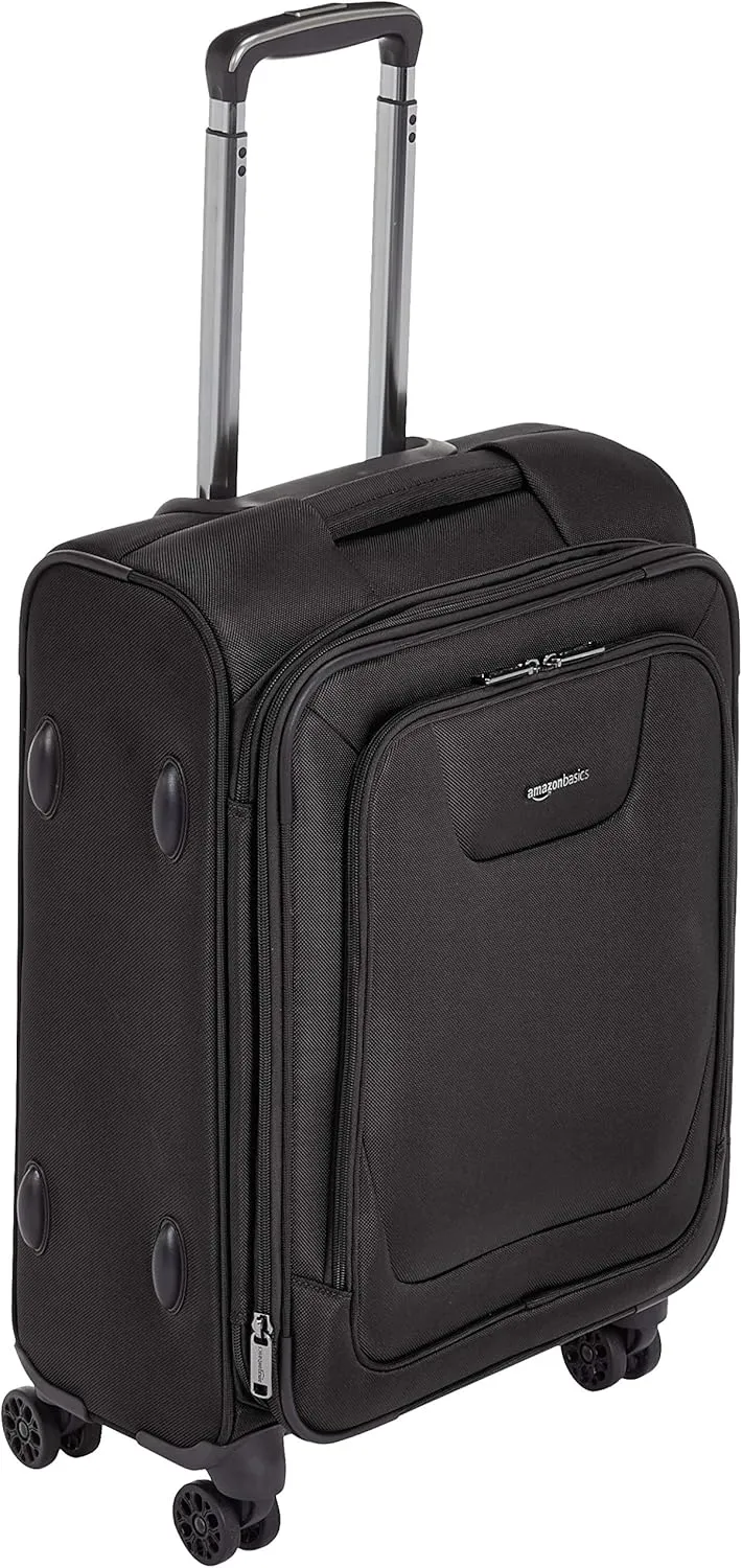 Amazon Basics 23-inch Luggage, Softside Suitcase With TSA Lock, 8 Spinner Wheels, Front Exterior Pocket, 3 Interior Pockets For Dry and Damp Clothes/Towels Separately, Black