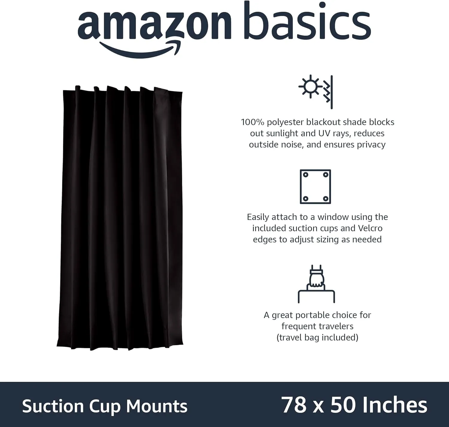 Amazon Basics Portable Blackout Curtain Shade with Suction Cups, 50" x 78", 1-Pack, Black