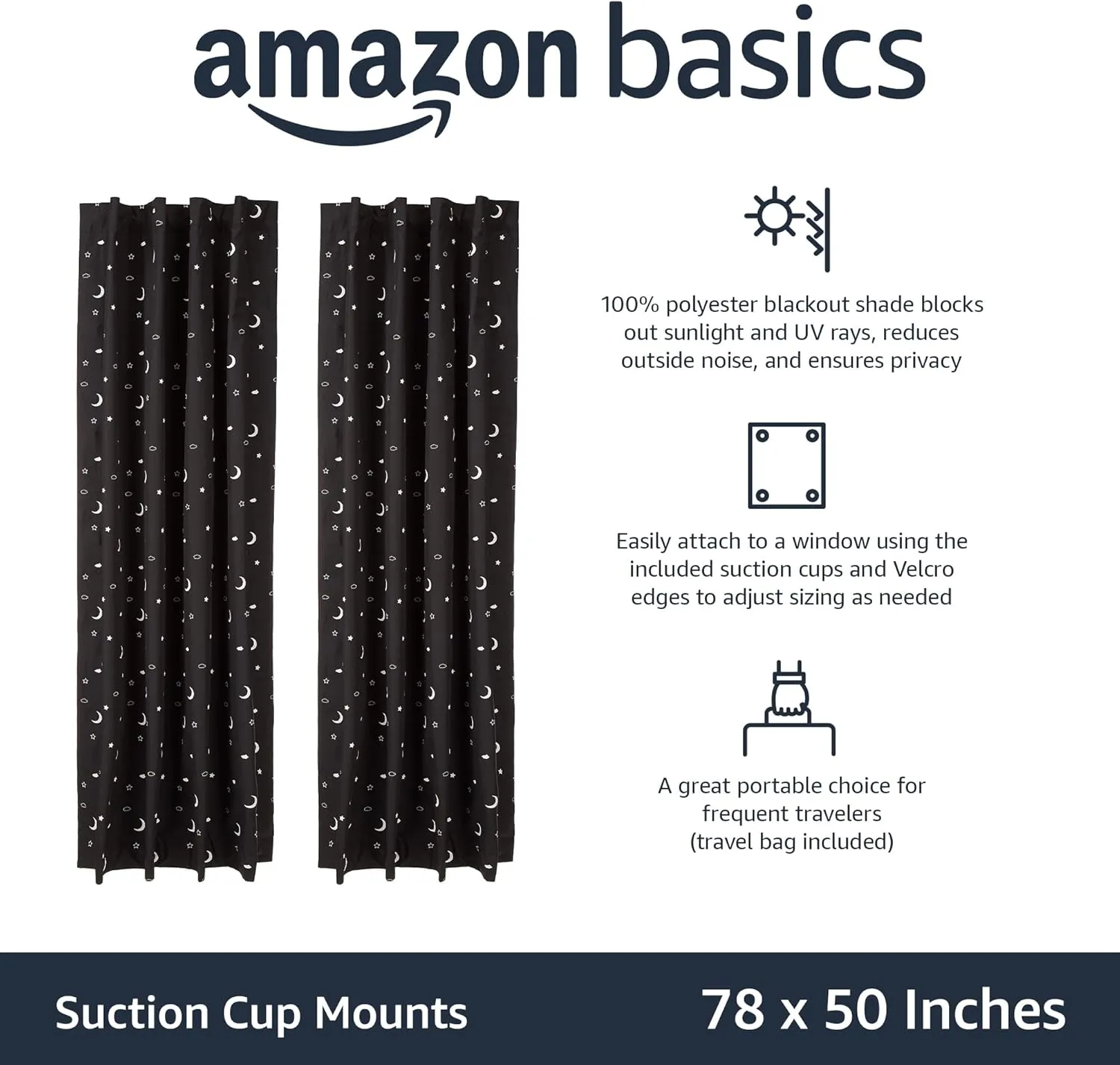 Amazon Basics Portable Blackout Curtain Shade with Suction Cups, 50" x 78", 2-Pack, Moon and Stars