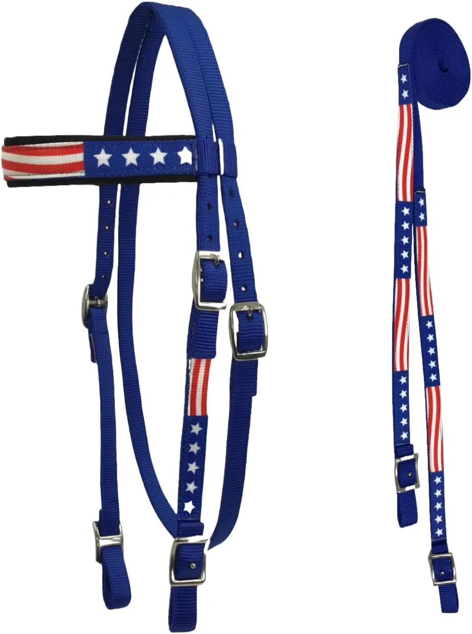American Flag Patriotic Headstall & Reins Set – Double-Layered Padded Nylon, Adjustable Fit for Horses 69"-84", Ideal for Parades, Rodeos & Shows – Full Size