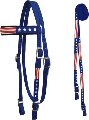 American Flag Patriotic Headstall & Reins Set – Double-Layered Padded Nylon, Adjustable Fit for Horses 69"-84", Ideal for Parades, Rodeos & Shows – Full Size