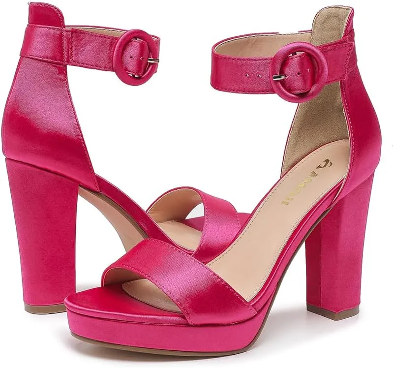 Amoji Women's Chunky Platform Heels 4'' Bowknot Heeled Sandal Wedding With Ankle Strap 302F4