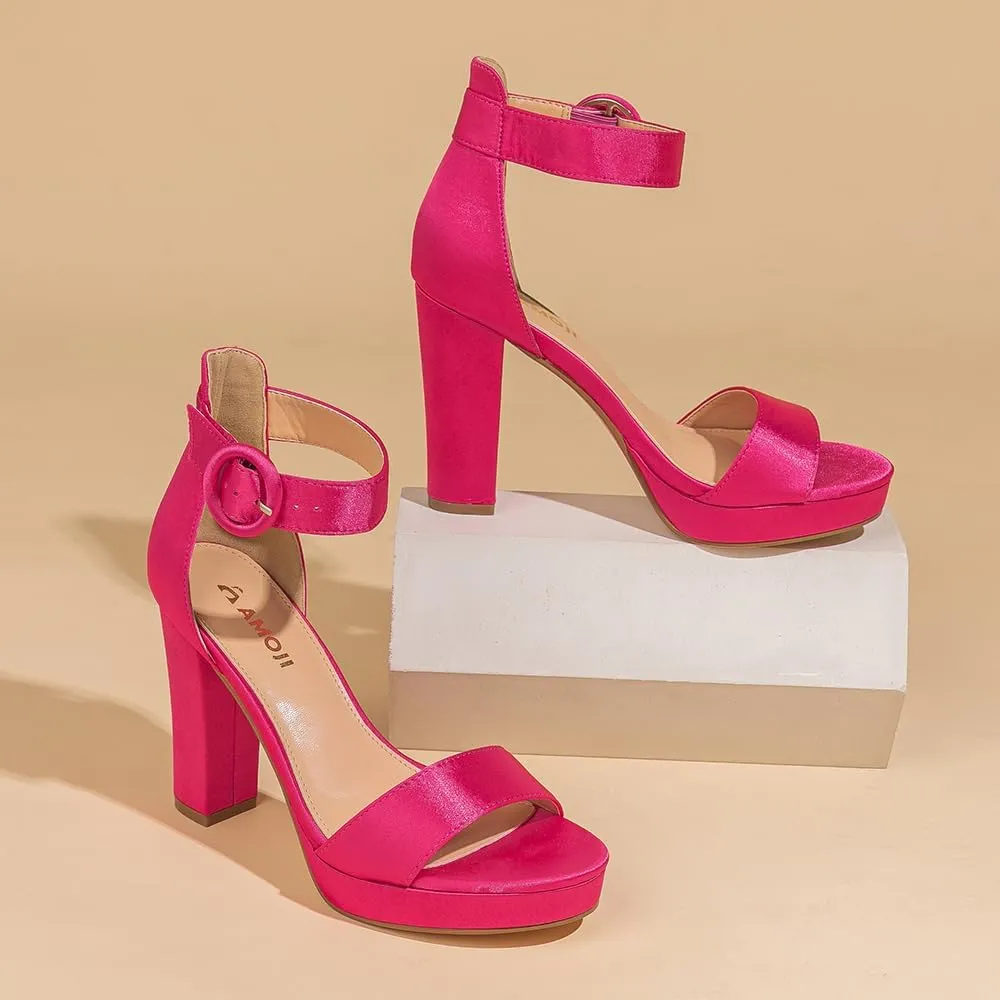 Amoji Women's Chunky Platform Heels 4'' Bowknot Heeled Sandal Wedding With Ankle Strap 302F4