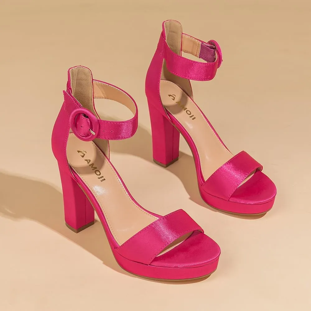 Amoji Women's Chunky Platform Heels 4'' Bowknot Heeled Sandal Wedding With Ankle Strap 302F4