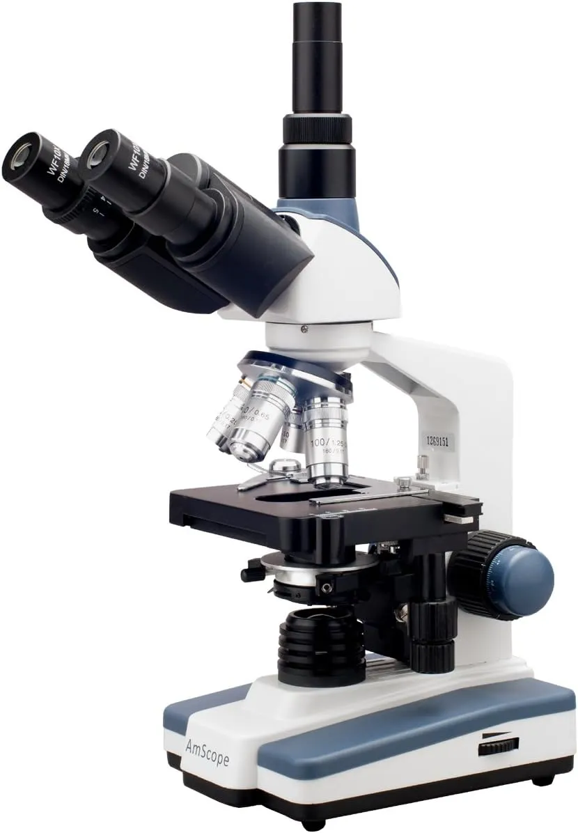 AmScope T120 Professional Siedentopf Trinocular Compound Microscope, 40X-1000X Magnification, WF10x Eyepieces, Brightfield, LED Illumination, Abbe Condenser with Iris Diaphragm, Double-Layer Mechanical Stage, 100-240VAC