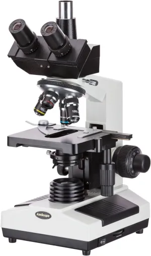 AmScope T390B Professional Compound Trinocular Microscope, 40X-2000X Magnification, WF10x and WF20x Eyepieces, Brightfield, Halogen Illumination, Abbe Condenser, Double-Layer Mechanical Stage, 110V-220V Auto-Switching