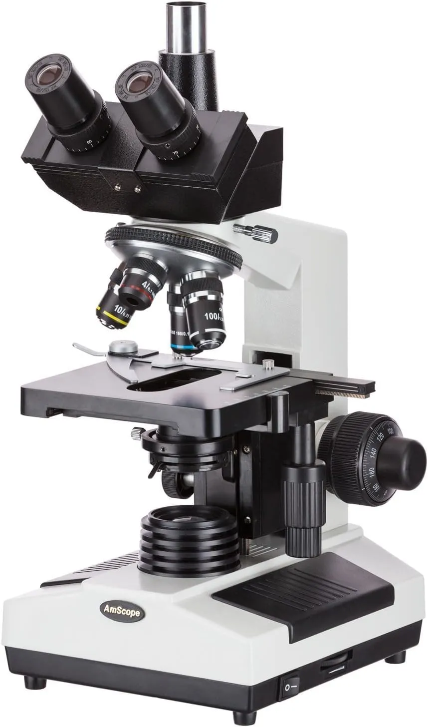 AmScope T390B Professional Compound Trinocular Microscope, 40X-2000X Magnification, WF10x and WF20x Eyepieces, Brightfield, Halogen Illumination, Abbe Condenser, Double-Layer Mechanical Stage, 110V-220V Auto-Switching