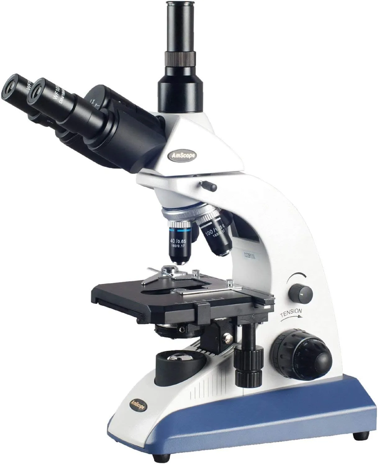 AmScope T520A Compound Siedentopf Trinocular Microscope, WF10x and WF16x Eyepieces, 40X-1600X Magnification, Brightfield, Halogen Illumination, Abbe Condenser, Double-Layer Mechanical Stage, High-Resolution Optics