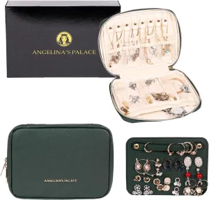 Angelina's Palace Large Jewelry Organizer Case Bridesmaid Gifts Vegan Leather Waterproof Travel Jewelry Storage Bag for Necklace Earring Bracelet Ring(deep evergreen)