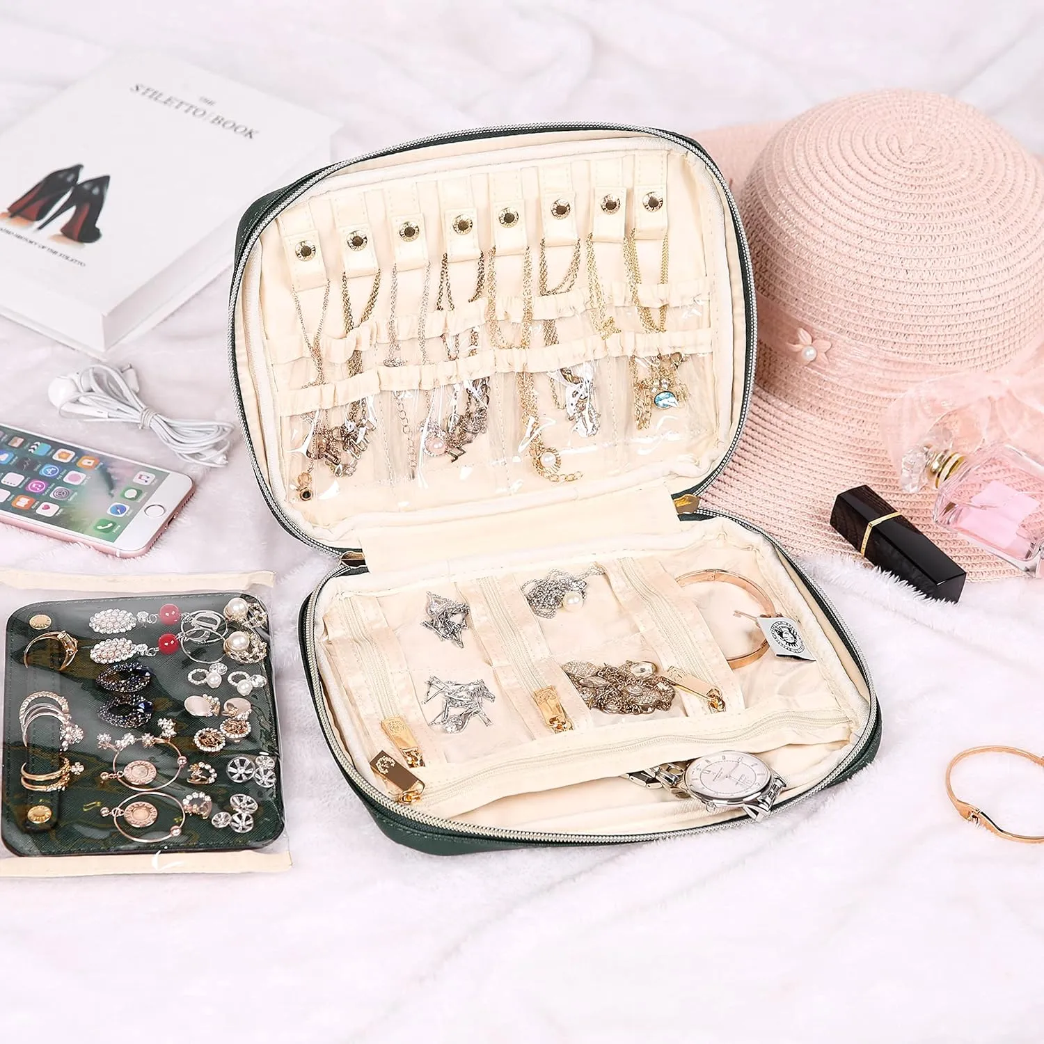 Angelina's Palace Large Jewelry Organizer Case Bridesmaid Gifts Vegan Leather Waterproof Travel Jewelry Storage Bag for Necklace Earring Bracelet Ring(deep evergreen)
