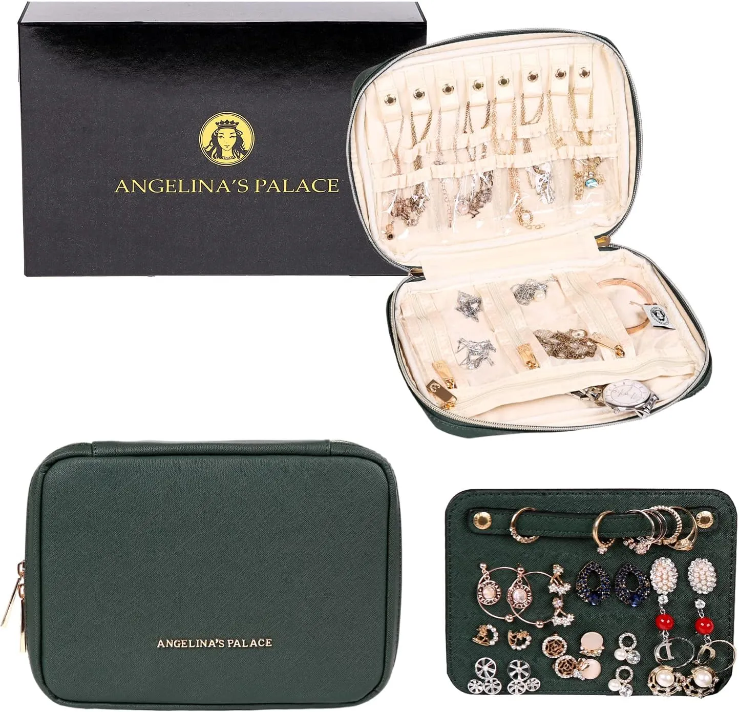 Angelina's Palace Large Jewelry Organizer Case Bridesmaid Gifts Vegan Leather Waterproof Travel Jewelry Storage Bag for Necklace Earring Bracelet Ring(deep evergreen)