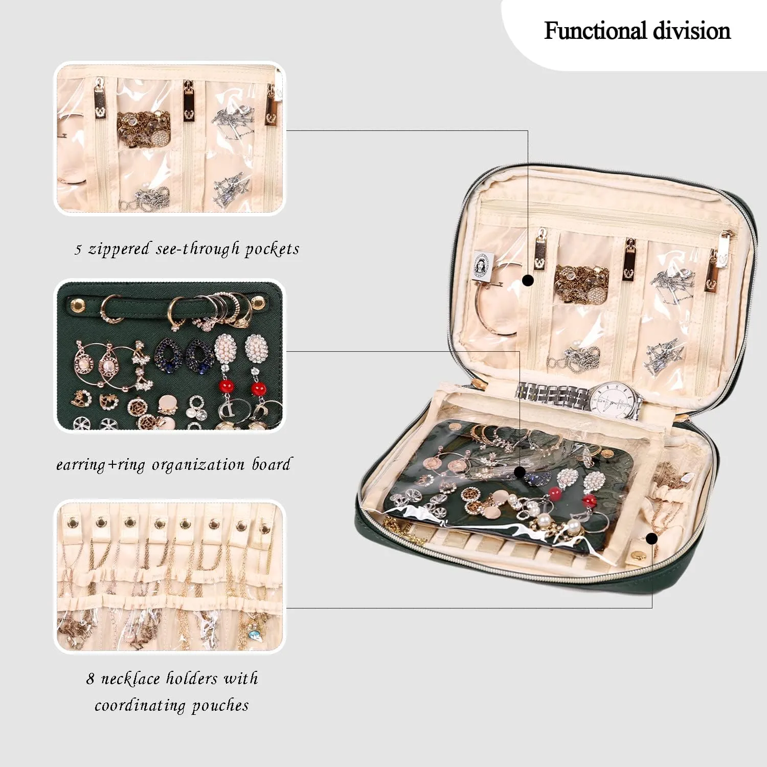 Angelina's Palace Large Jewelry Organizer Case Bridesmaid Gifts Vegan Leather Waterproof Travel Jewelry Storage Bag for Necklace Earring Bracelet Ring(deep evergreen)