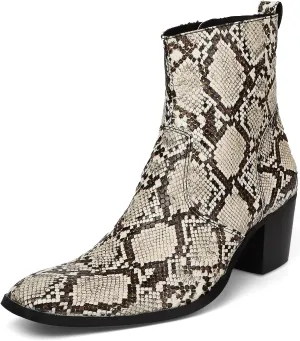Ankle Boots for Men OutdoorGenuine Leather Shoes Pull On Square Toe Imitation Crocodile/Inner Zipper High Heel