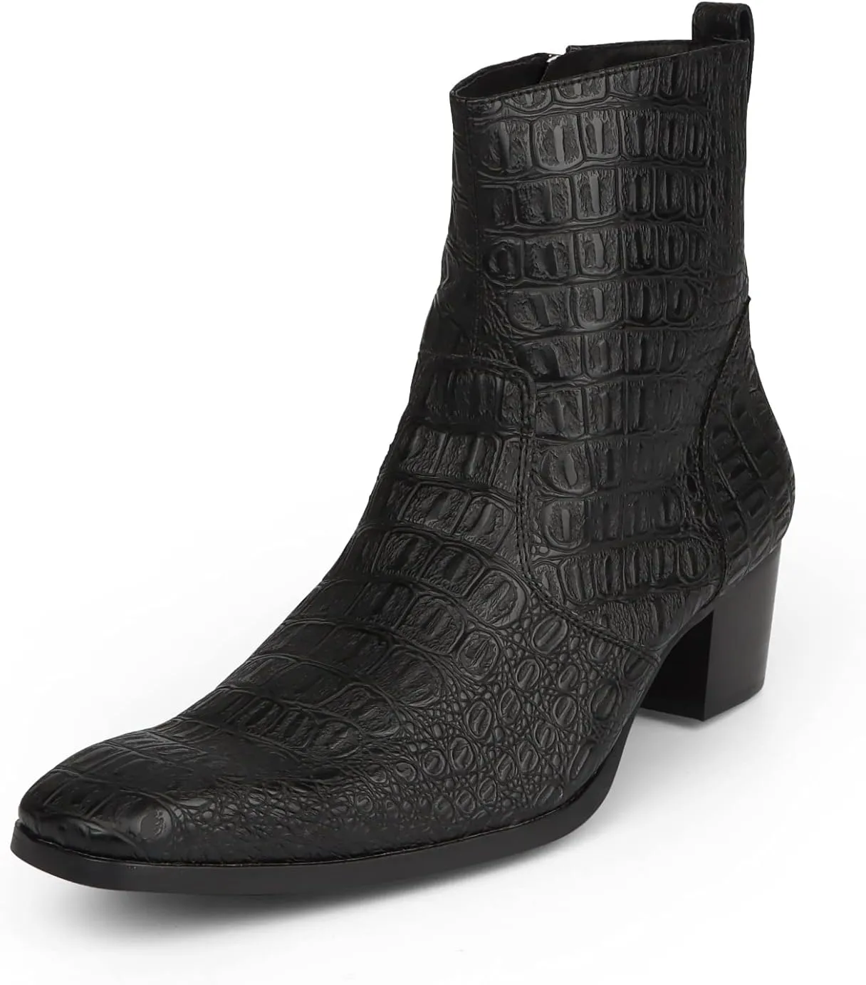 Ankle Boots for Men OutdoorGenuine Leather Shoes Pull On Square Toe Imitation Crocodile/Inner Zipper High Heel