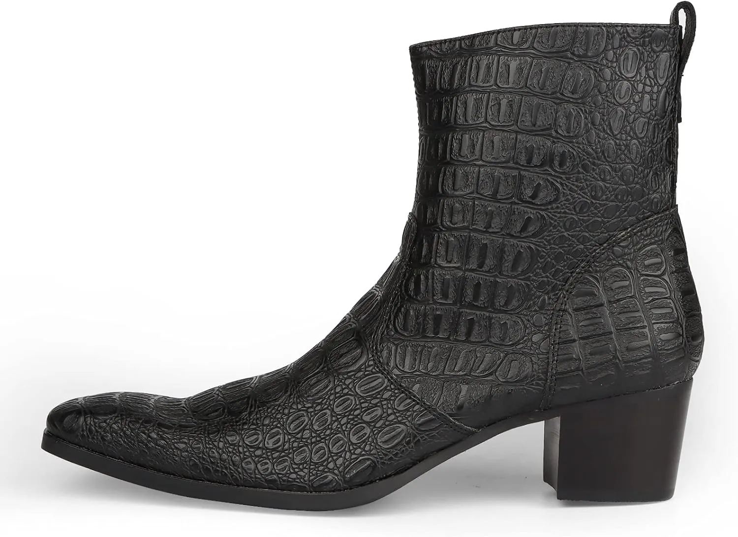 Ankle Boots for Men OutdoorGenuine Leather Shoes Pull On Square Toe Imitation Crocodile/Inner Zipper High Heel