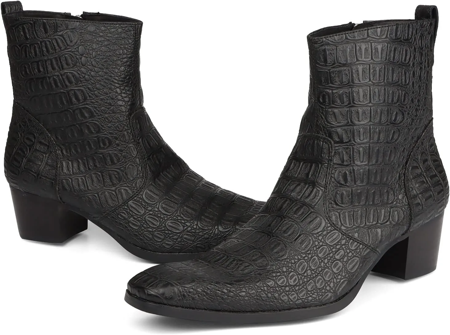 Ankle Boots for Men OutdoorGenuine Leather Shoes Pull On Square Toe Imitation Crocodile/Inner Zipper High Heel