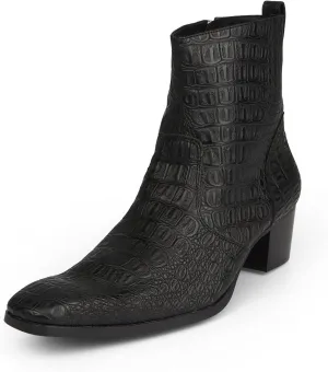 Ankle Boots for Men OutdoorGenuine Leather Shoes Pull On Square Toe Imitation Crocodile/Inner Zipper High Heel